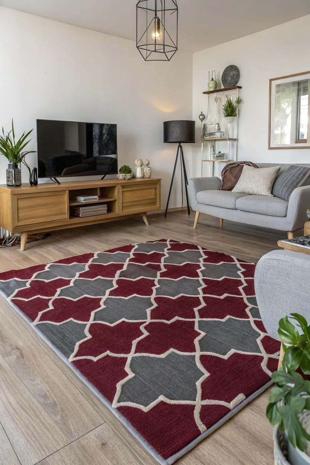A living space featuring a patterned wine-red and grey rug and modern d&eacute;cor.
