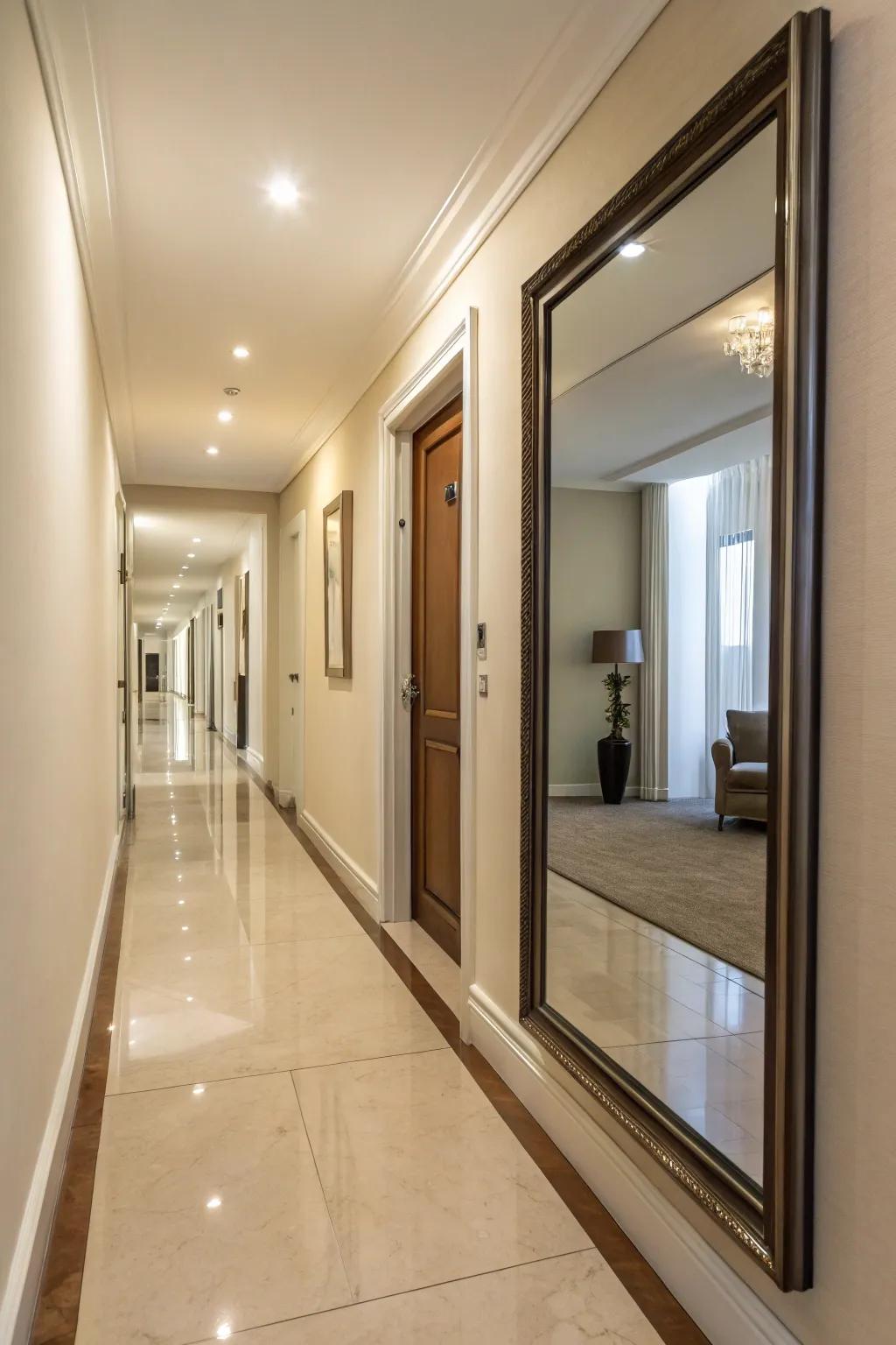 A large mirror aesthetically expands the hallway and enhances light.