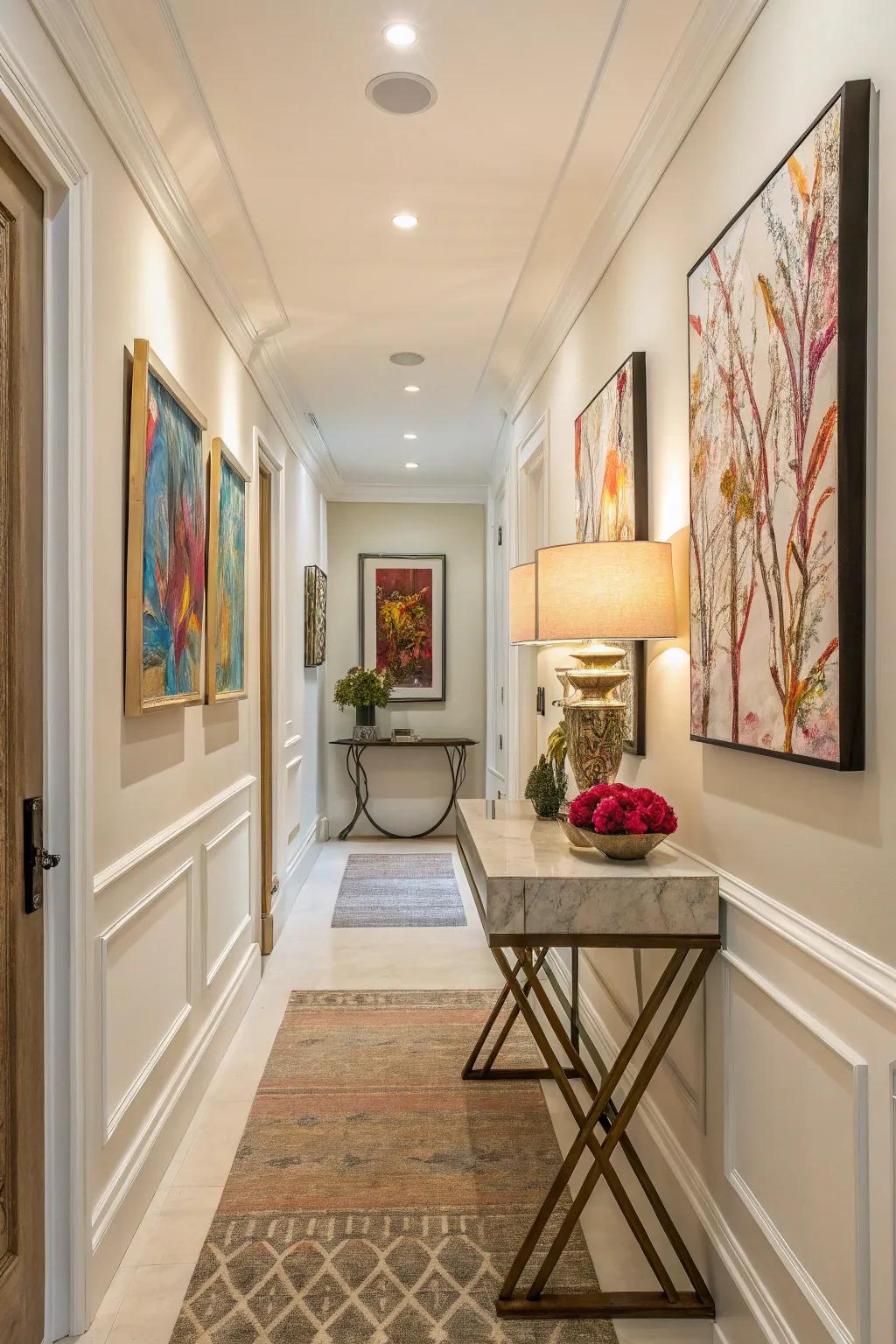 Artistic pieces add energy and unique personality to a hallway.