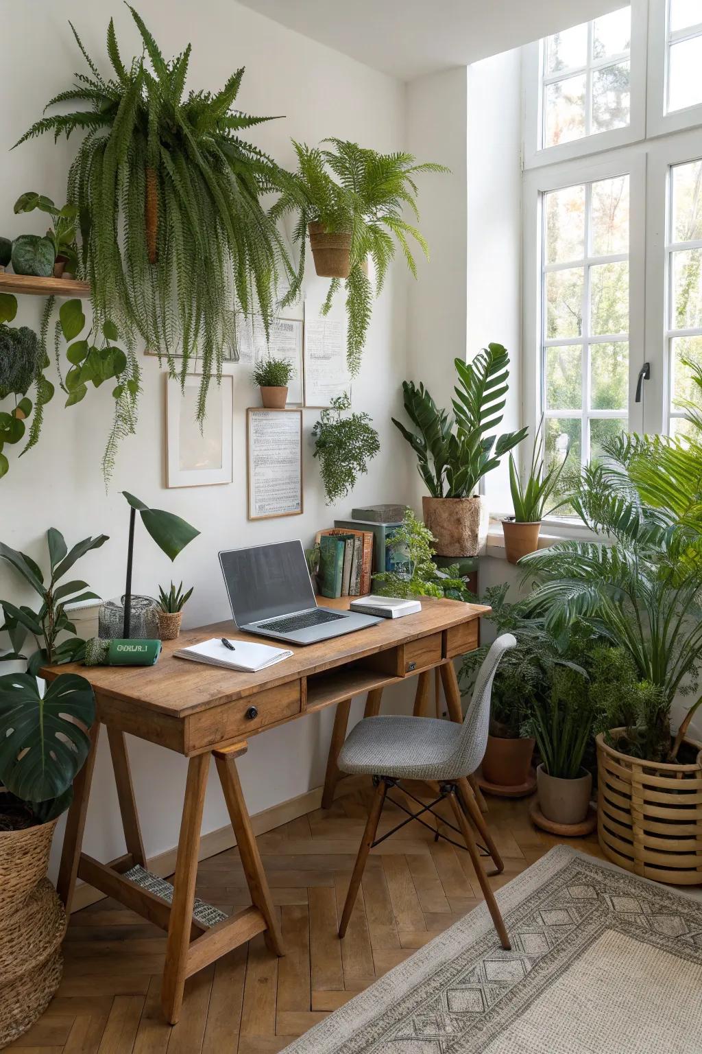 Botanical elements enlivening a modern home office.