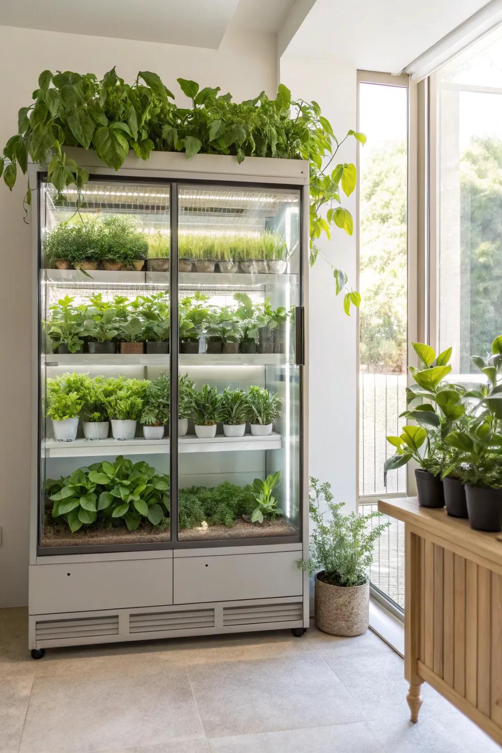 Greenery infuses a hint of nature and vibrancy into the cabinet décor.