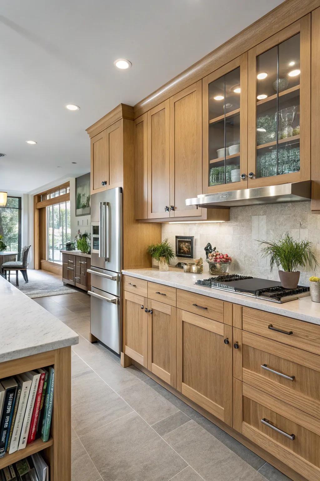 Sleek brushed metal appliances inject a modern twist into kitchens featuring paneled-oak cabinets.