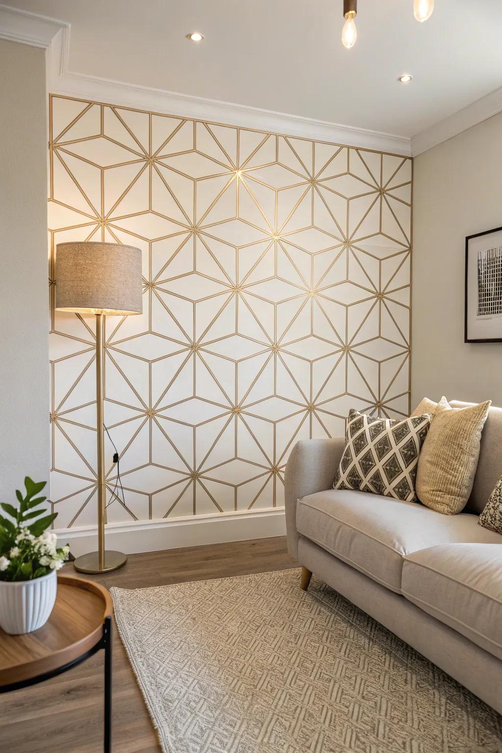Geometrical patterns on the wall inject a modern accent to the minimalist living space.