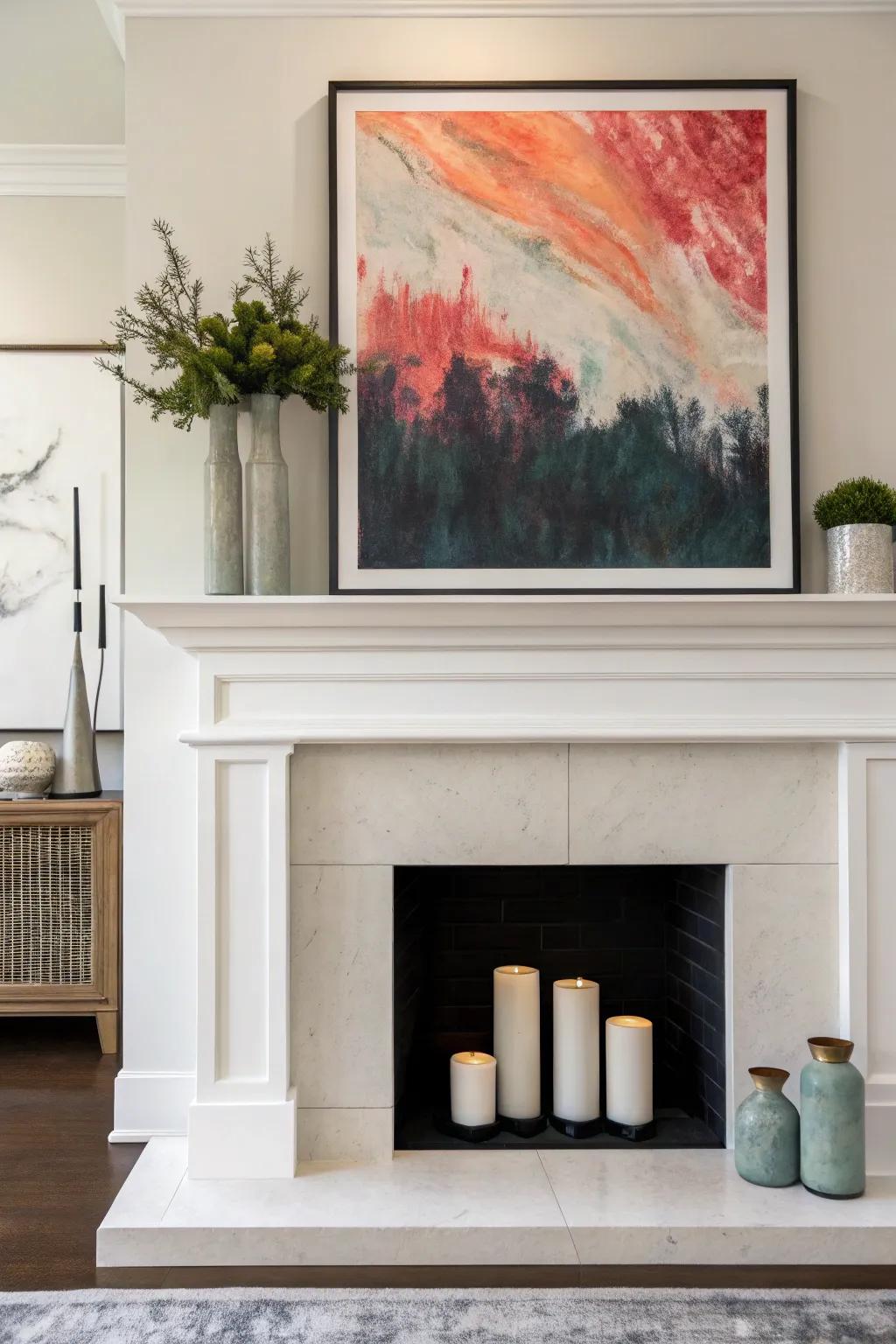 A bold art piece can transform your mantel into a focal point.