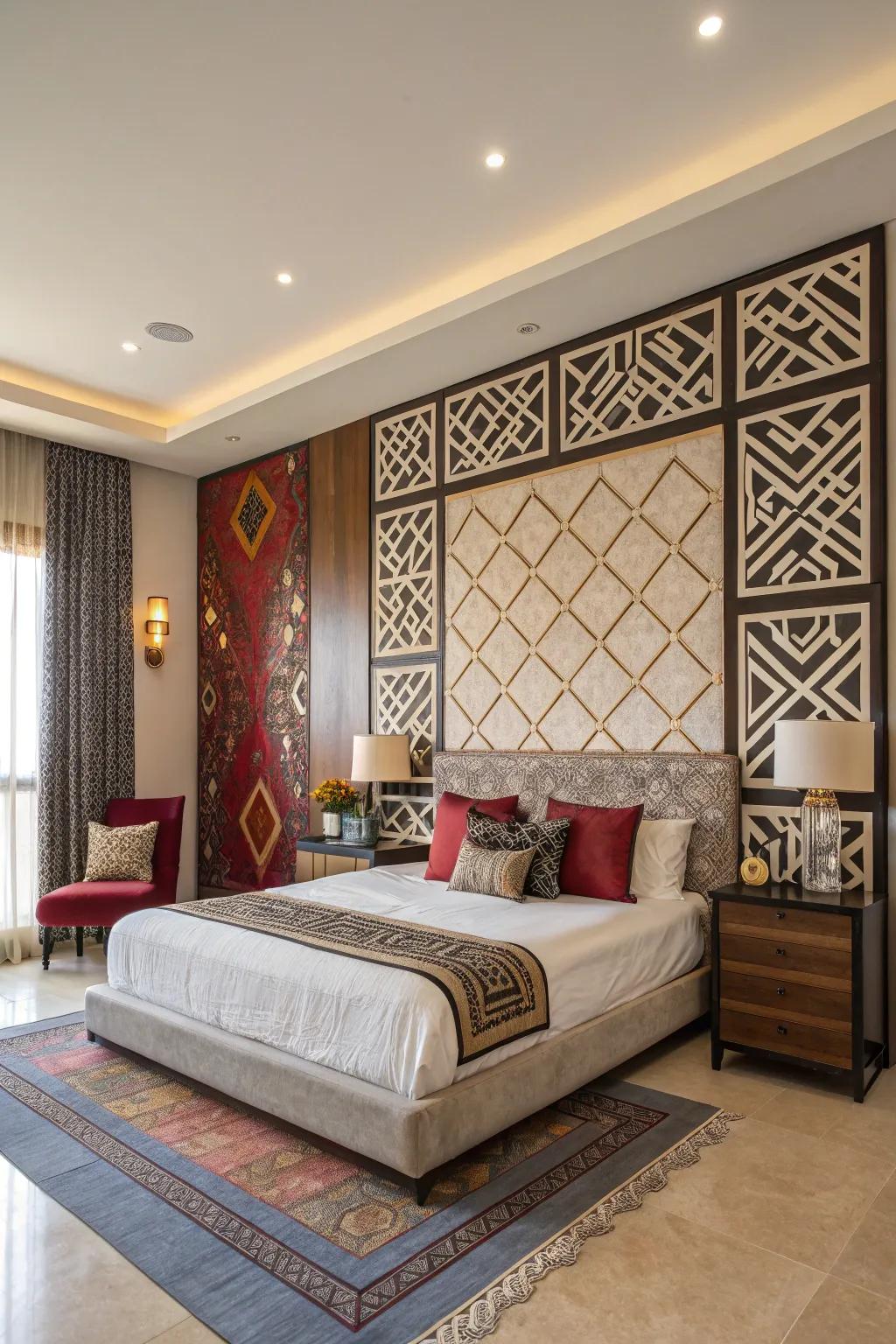 A striking feature wall adds personality to this contemporary bedroom.