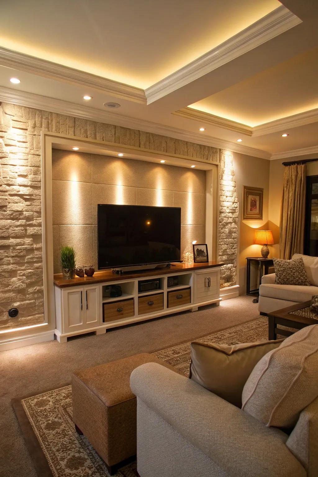 Atmospheric illumination infuses a snug, inviting radiance to a current media wall.
