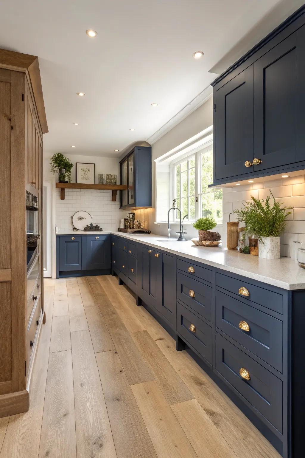 Organic timber highlights beautifully complement the deep sea kitchen cabinets.