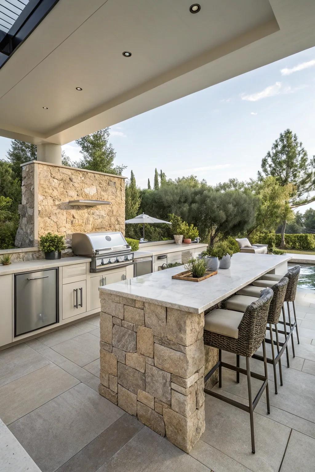 Inherent rock features contribute an earthy sensation to a contemporary cooking area design.