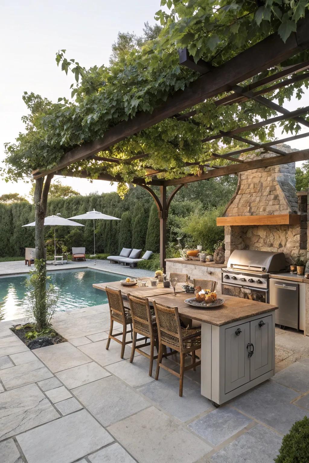 An outdoor kitchen with a pergola by a peaceful swimming pool.