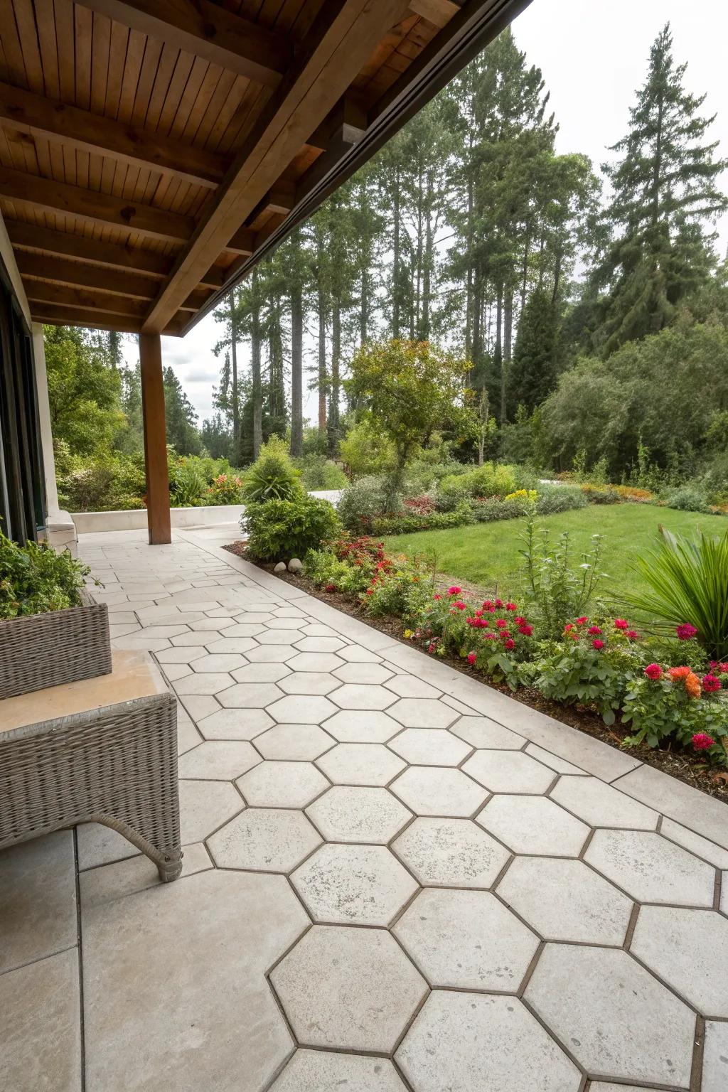 Hexagonal ground covers lend a playful yet sophisticated design.