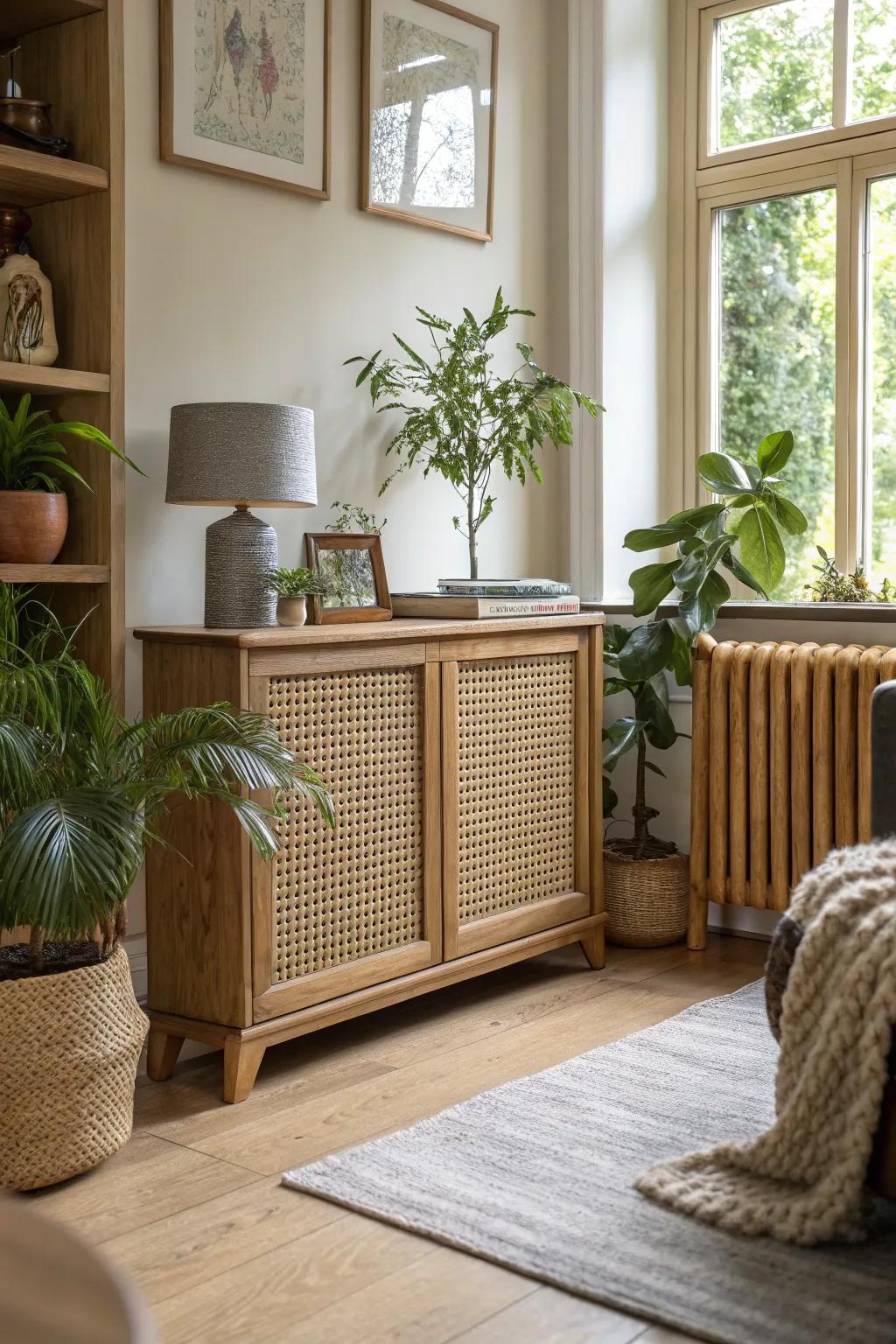 A living room including a radiator shield with woven cane.