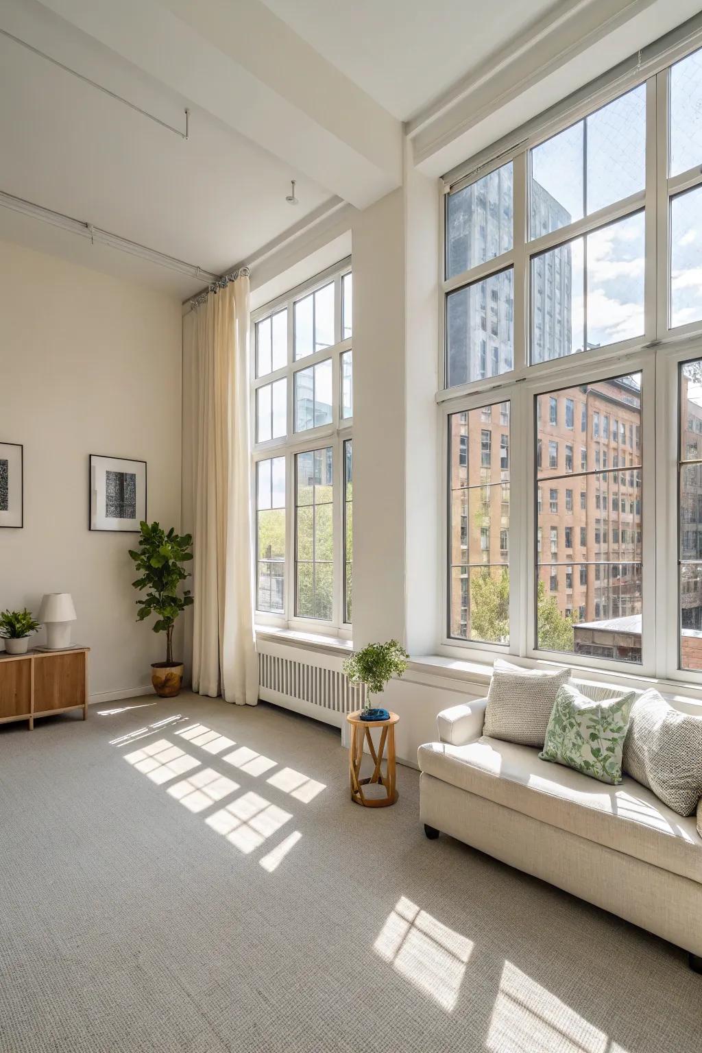 A bright studio apartment featuring big windows and light-colored walls that enhance the natural light.