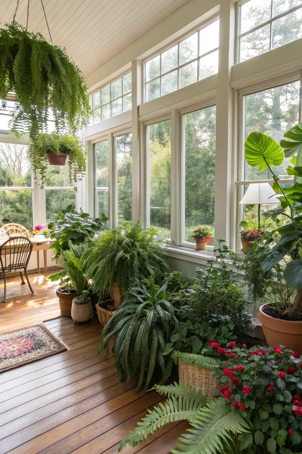 Abundant foliage enlivens and adds a natural essence to this modern sunroom.