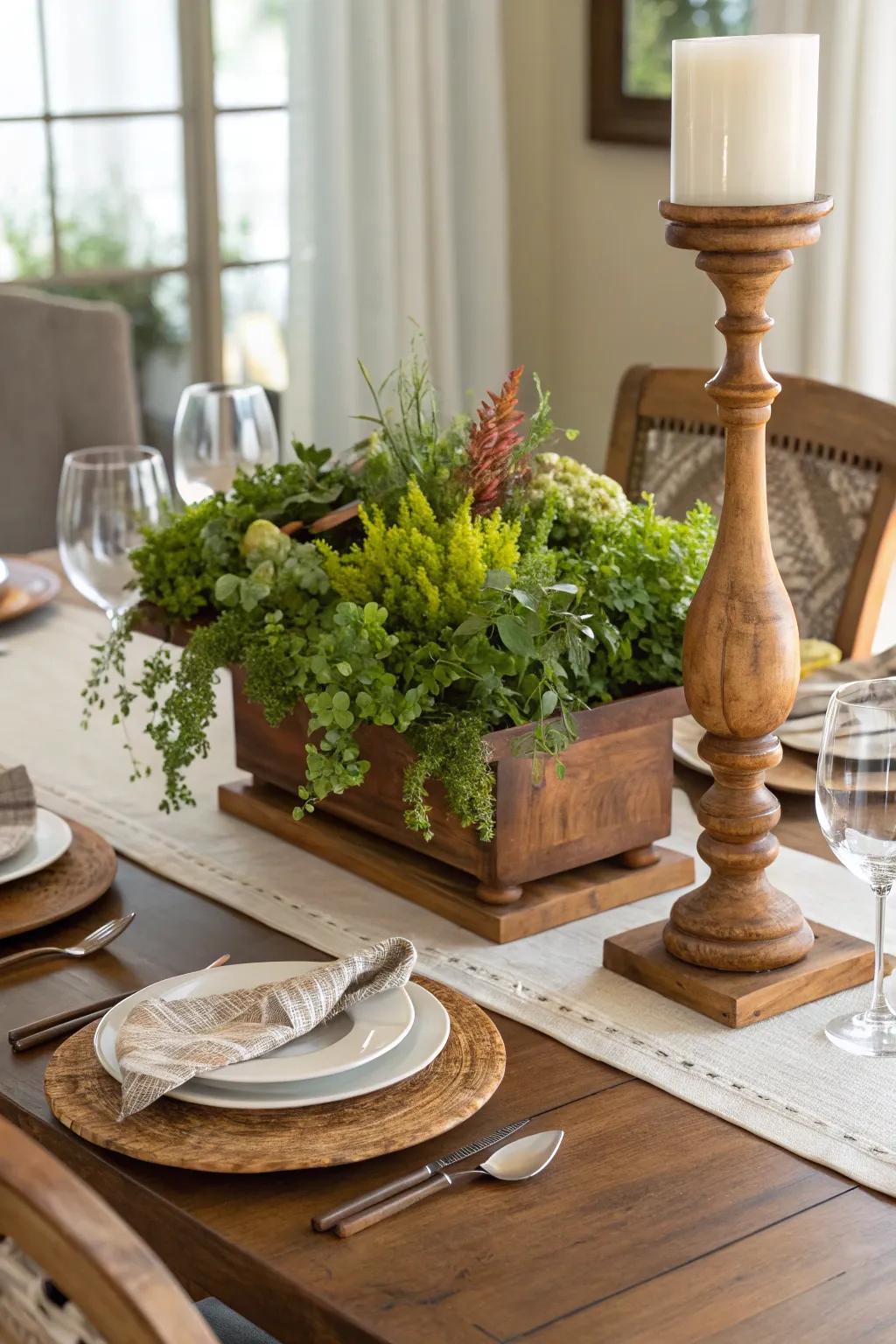Organic accents imbue the table with coziness and texture.