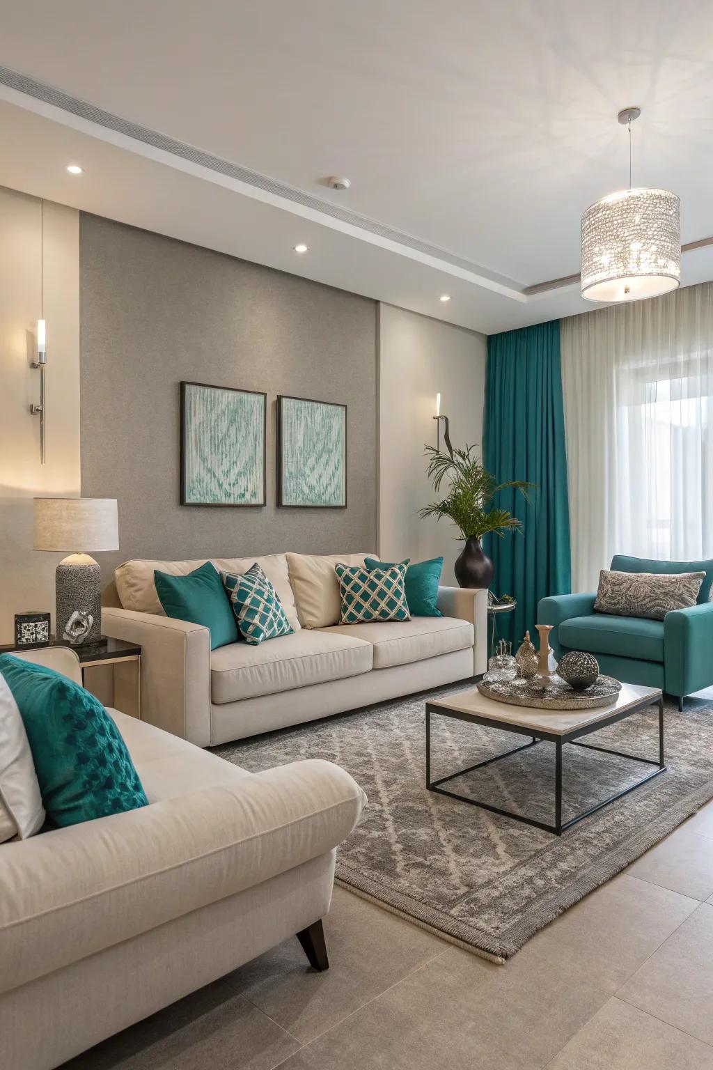 Neutral tones balance the vibrancy of teal, creating a serene space.