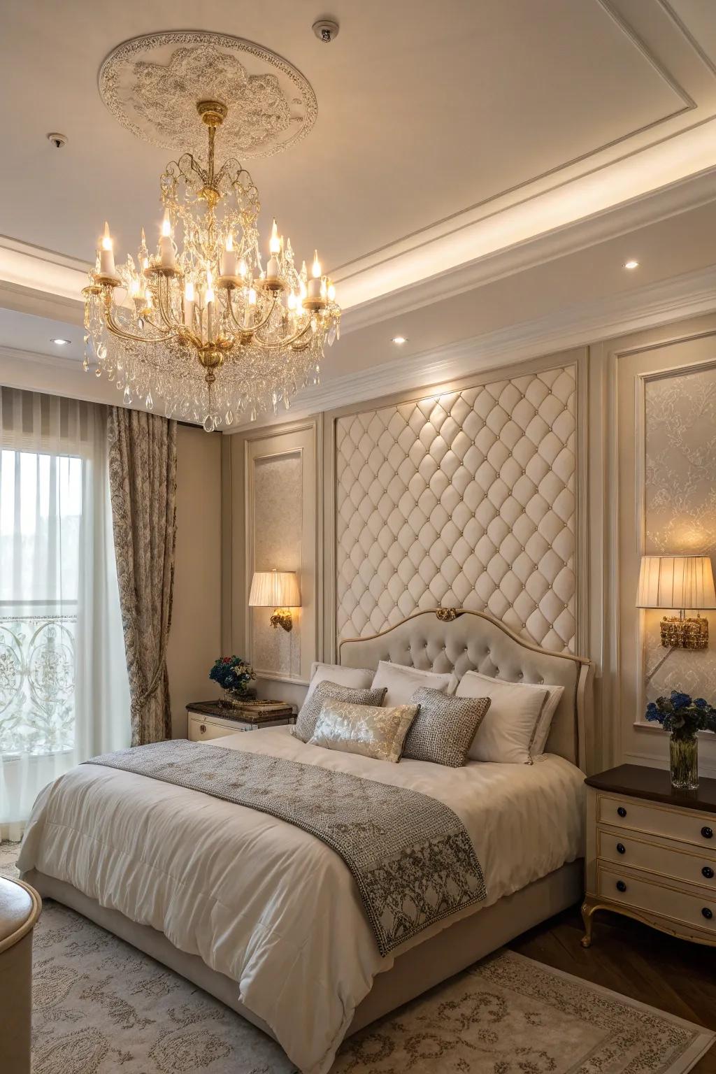 A statement chandelier adds a touch of elegance and drama.