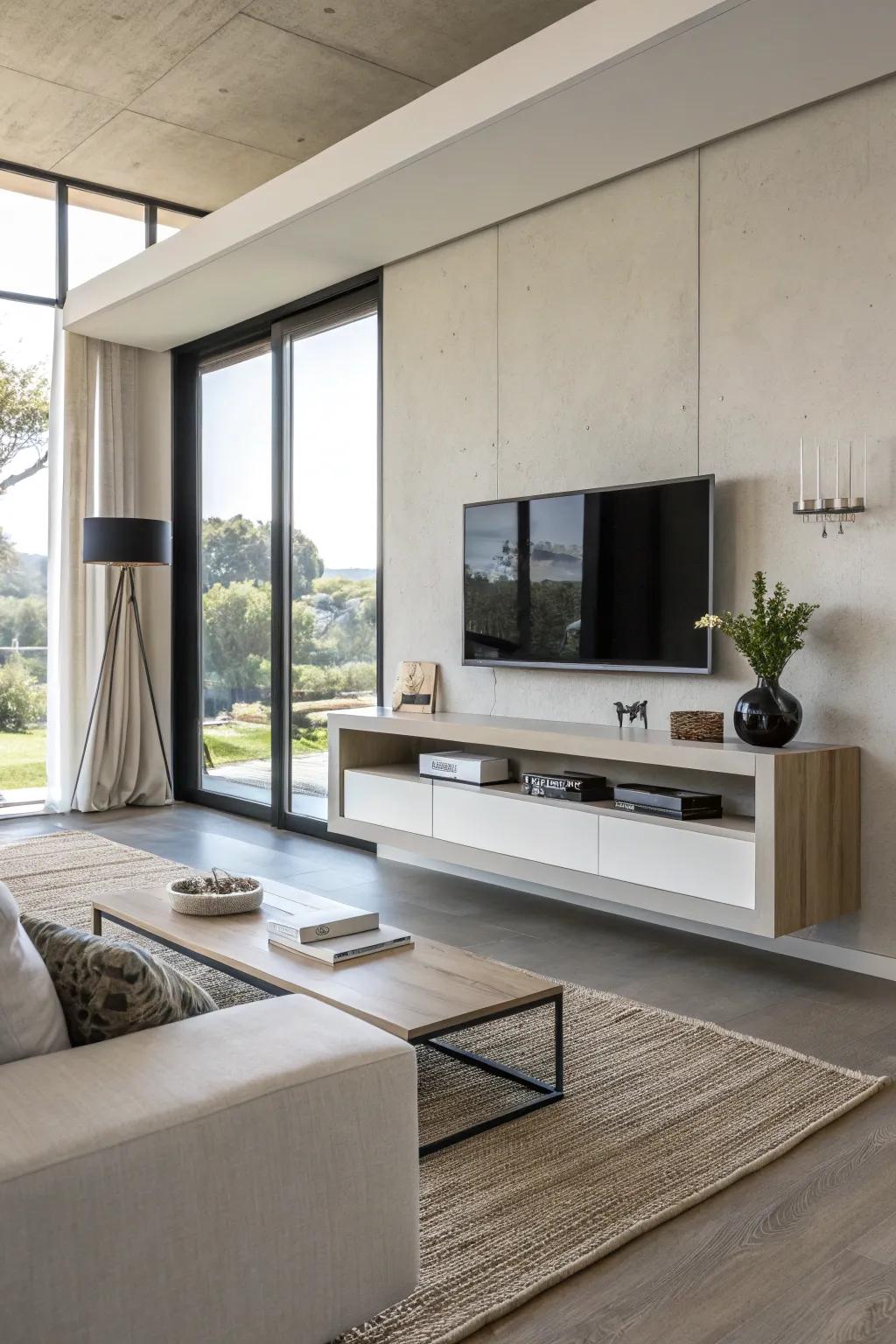 A floating TV stand adding an airy feel to the room.