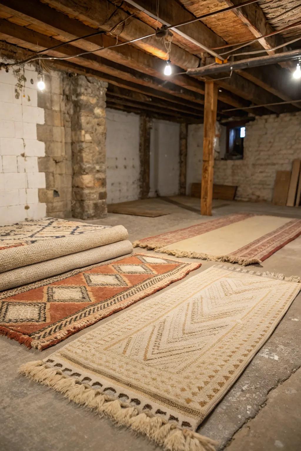 Layered carpets enhance warmth and design in an unfinished basement.