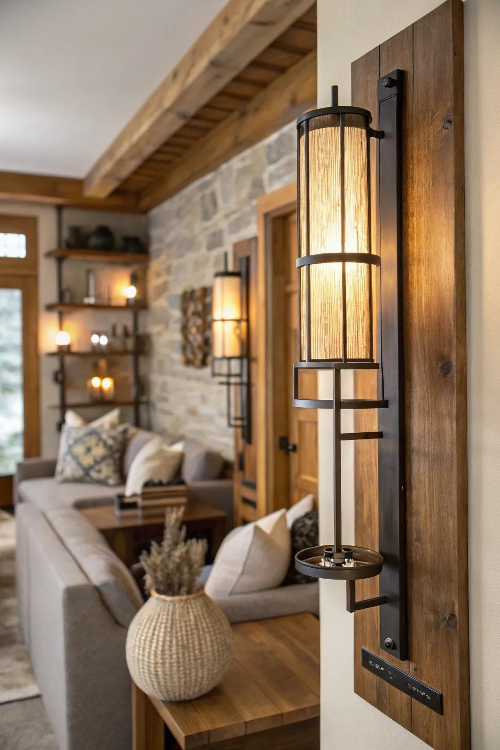 Wood and metal sconces create a warm yet modern rustic vibe.