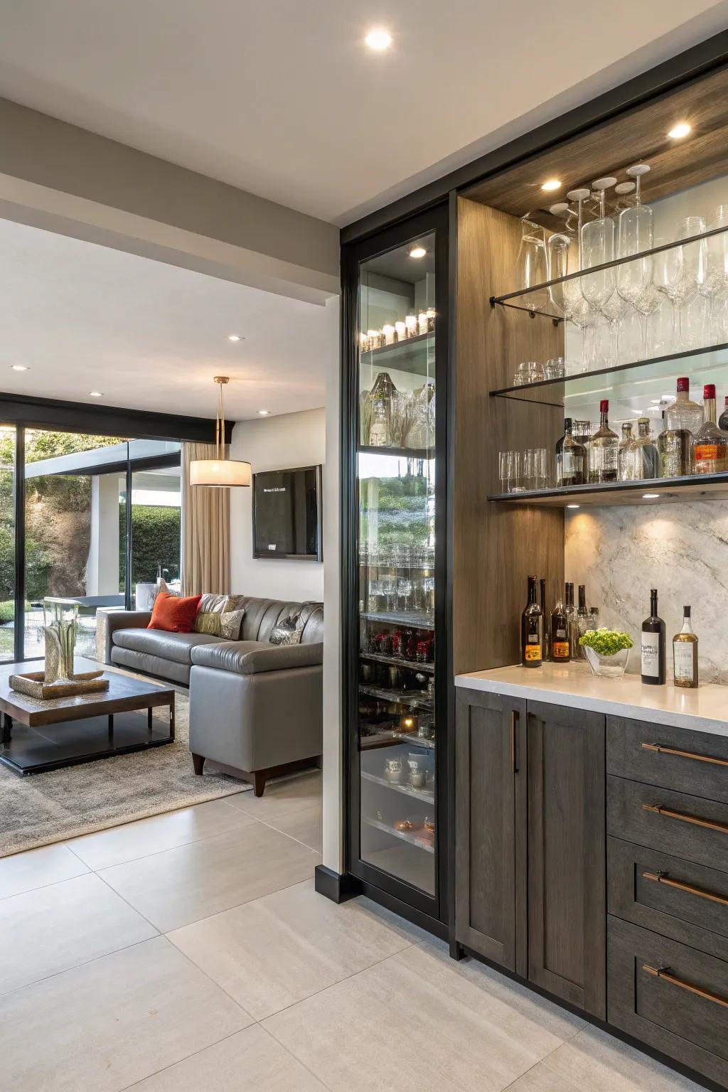 Open shelving gives a contemporary feel to your wet bar.