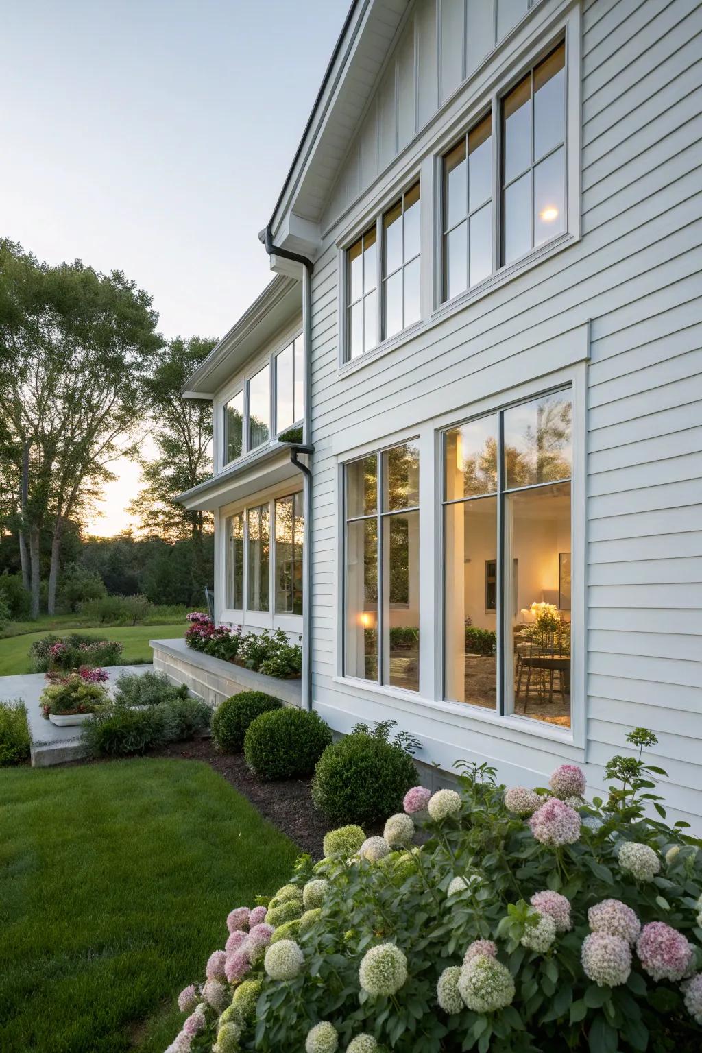 A radiant and spacious white-clad home with wide-ranging panes.
