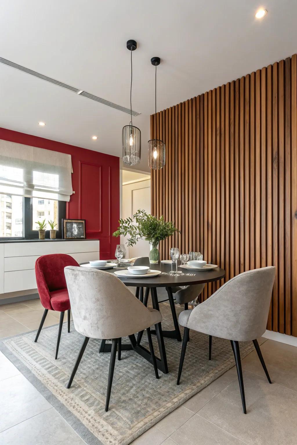 Make a memorable statement in your dining room with a dramatic wood slat accent wall.