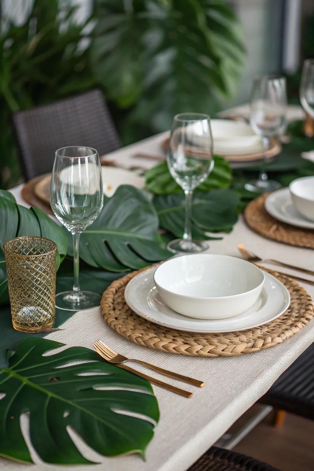 Split-leaf philodendron fronds as eye-catching serving mats for an elegant table setting.