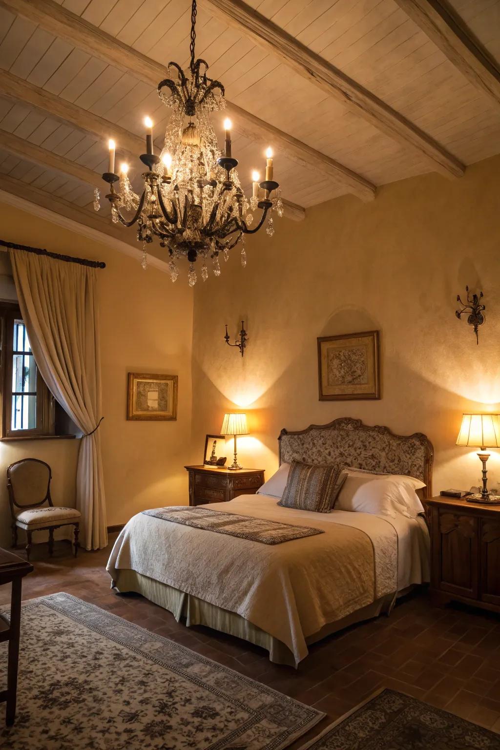 A bedroom illuminated with warm ambient lamps and a stunning chandelier.