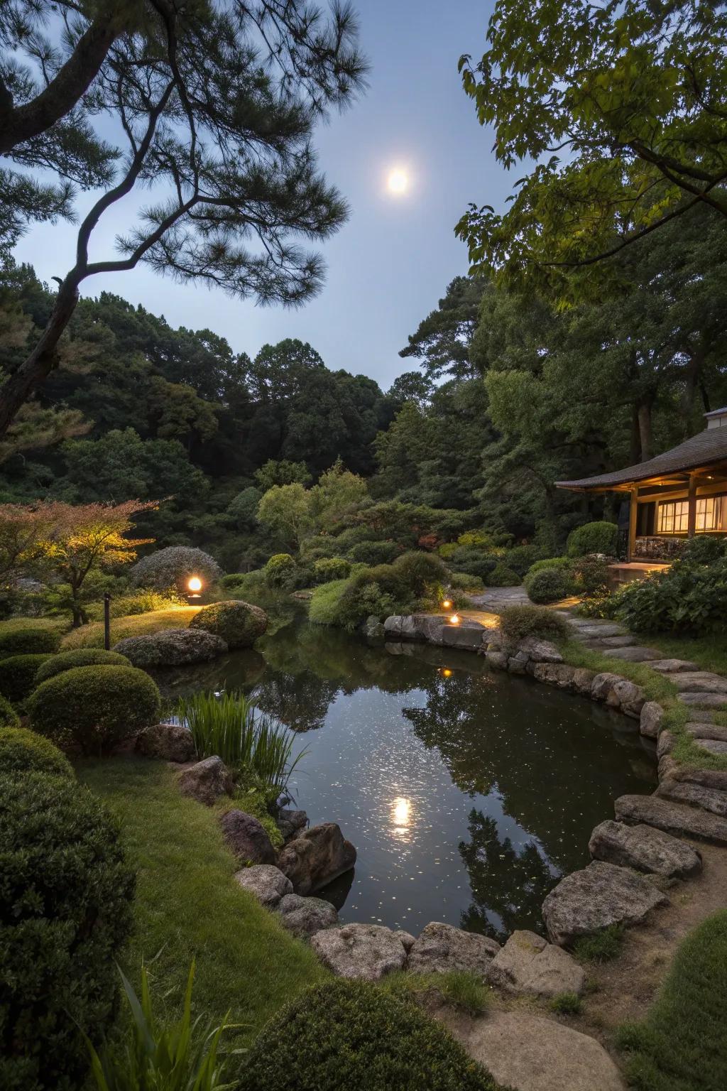 A tranquil pond reflecting the glow of the moon.