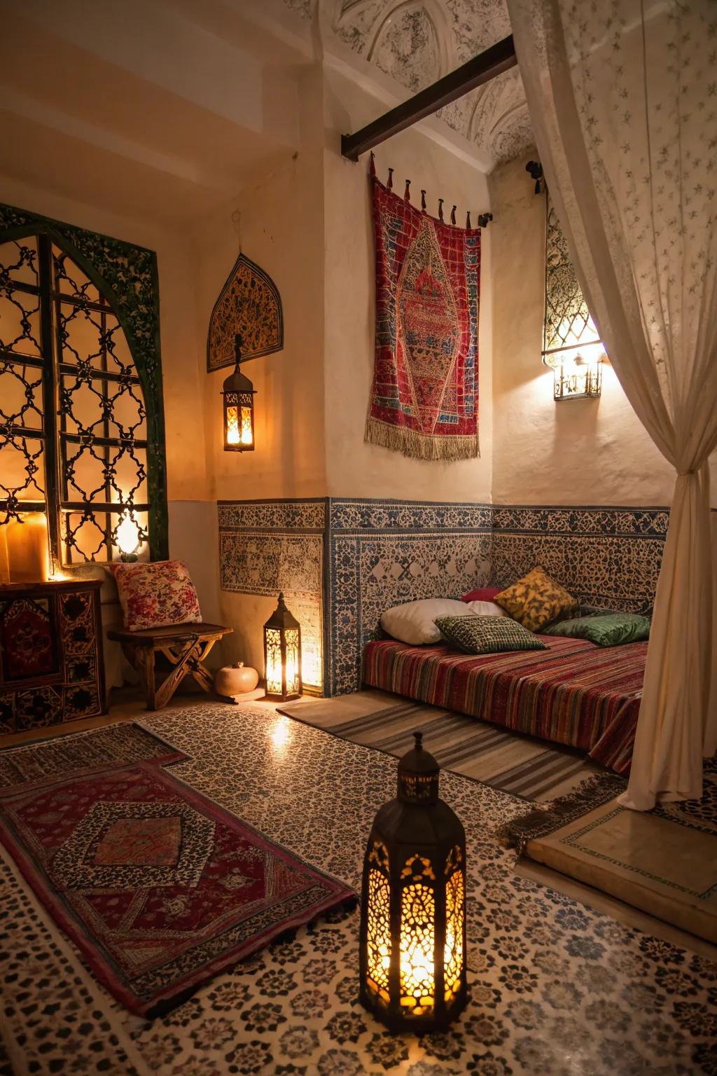 Cozy light projects enchanting shadows in a Marrakech bedroom.