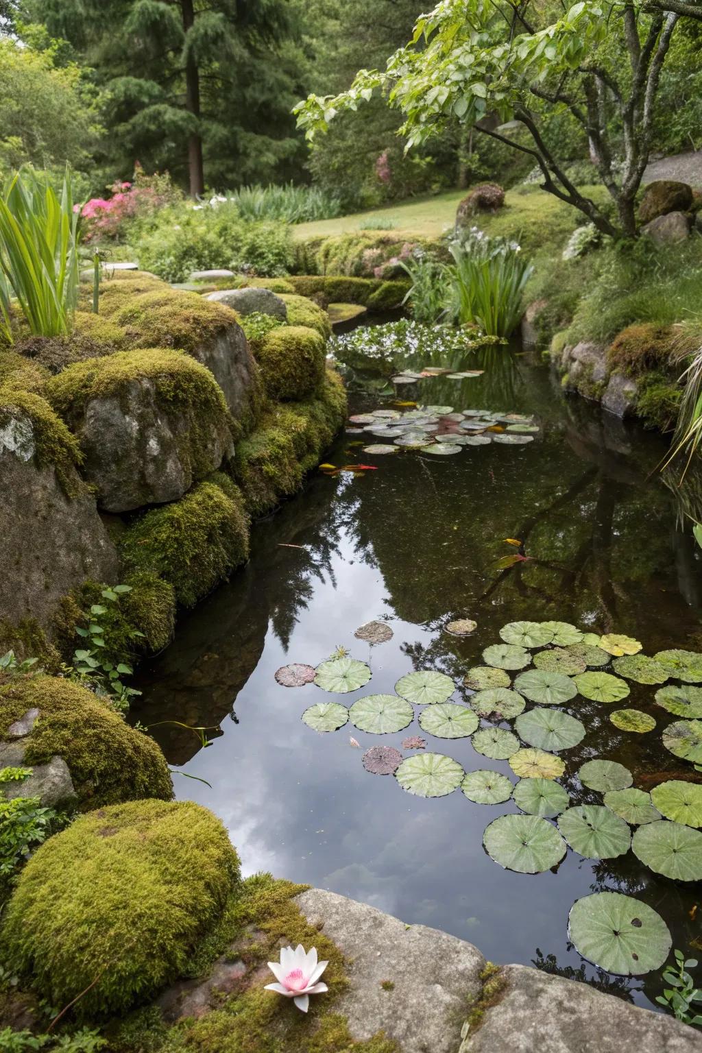 A tranquil water garden bordered by flourishing moss stones.
