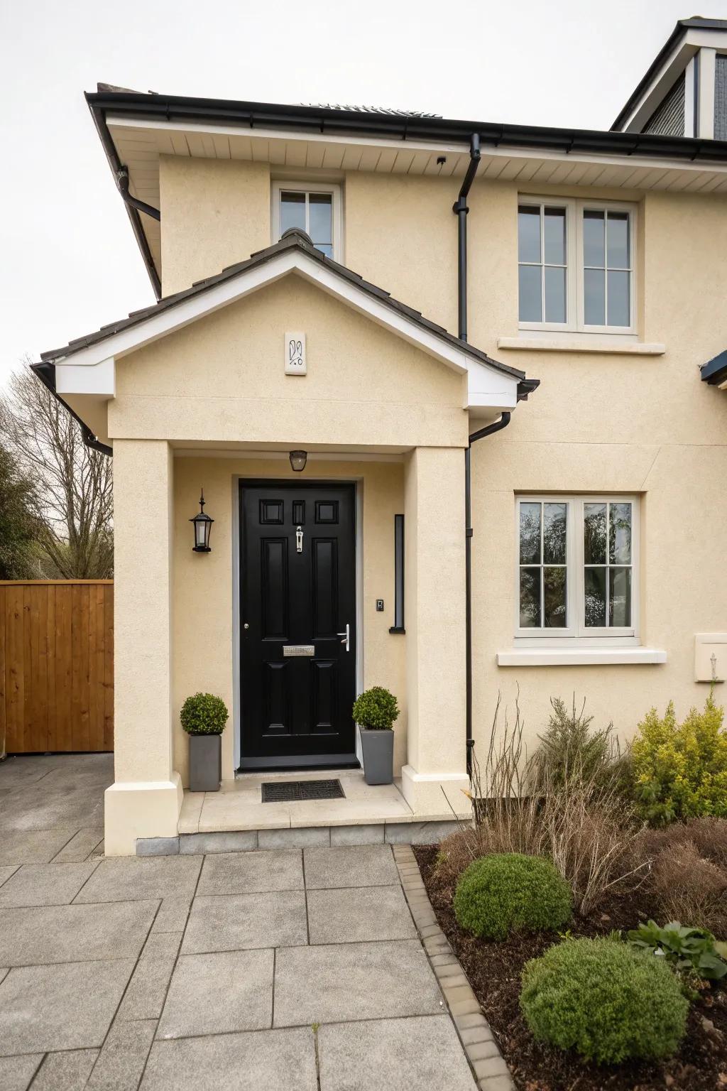 Onyx front door introduces a contemporary edge to a beige house.