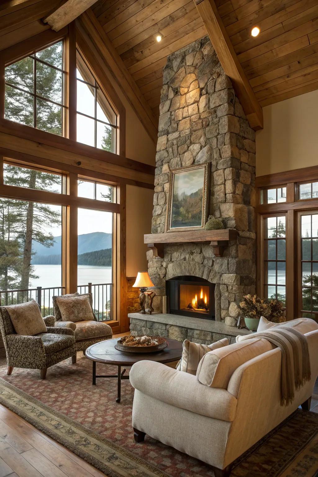 A stone hearth creating a warm gathering place.