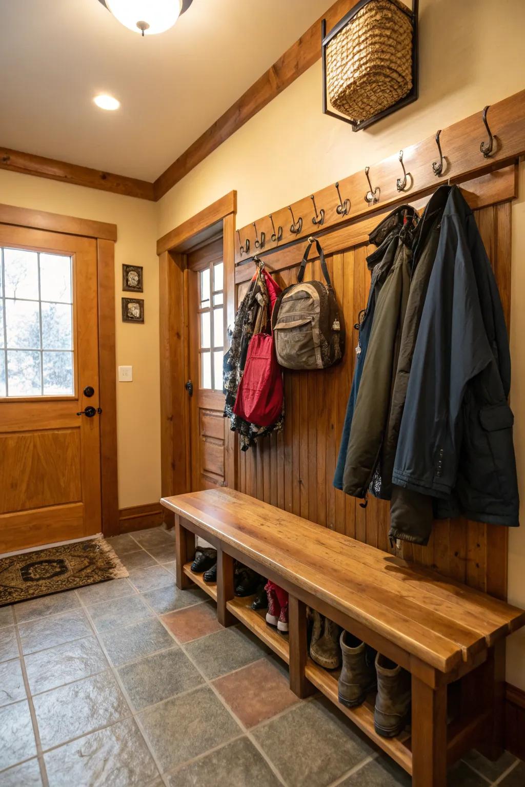 Practical seating and pegs for daily convenience.