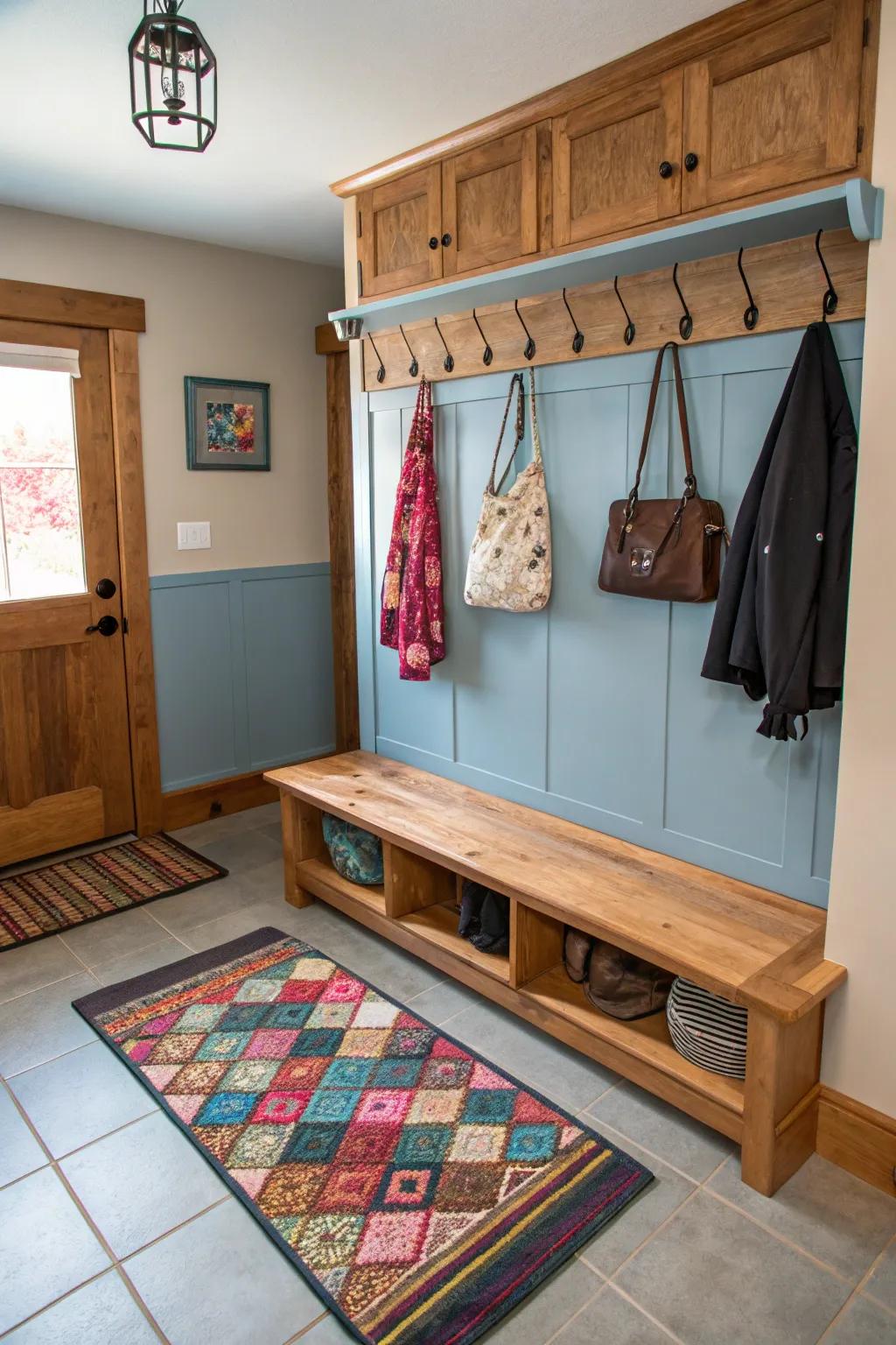 A functional mudroom featuring hangers for organized suspension.
