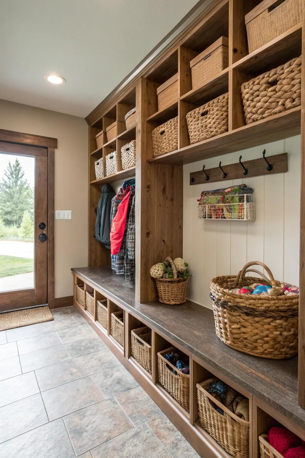 Mudroom shelves with pretty storage baskets made of natural fibers for a stylish touch.