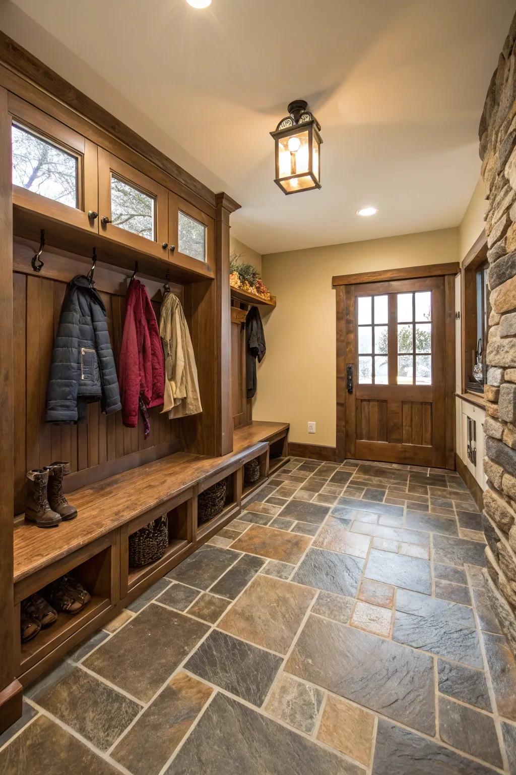 Natural stone tiles bring an earthy vibe to your mudroom.