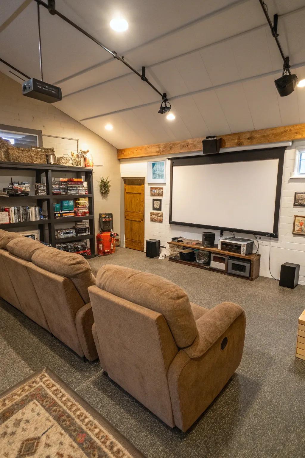 A garage converted into an entertainment hub featuring seats and a screen.