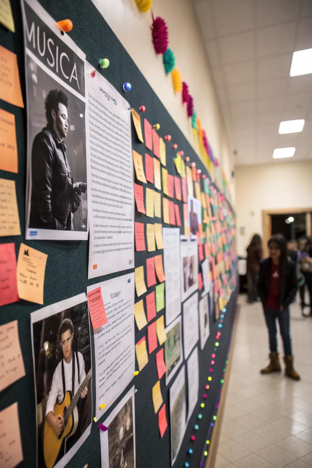 A bulletin board featuring motivational quotes from renowned musicians.