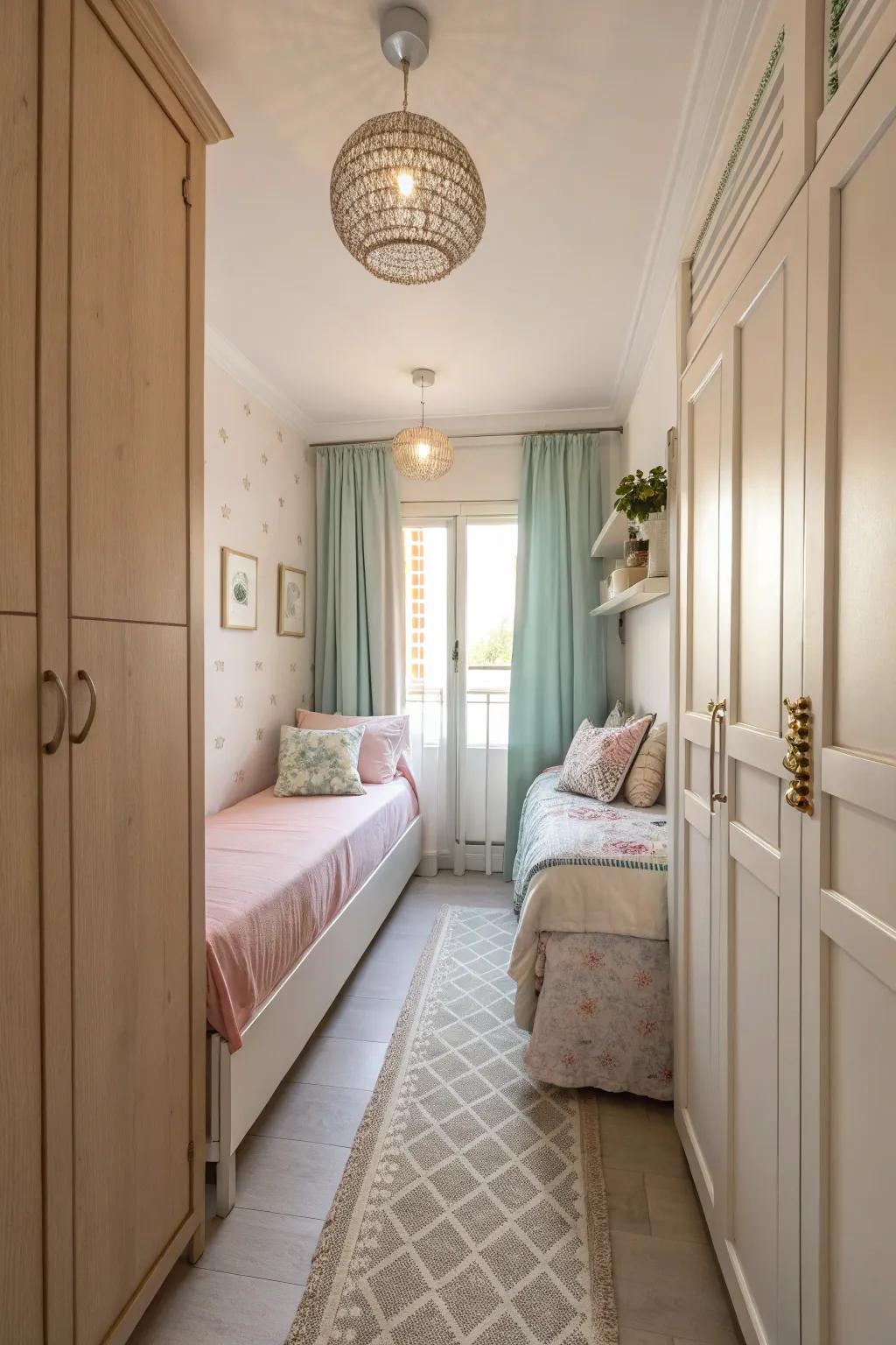 Light colors create an airy and open atmosphere in a narrow bedroom.