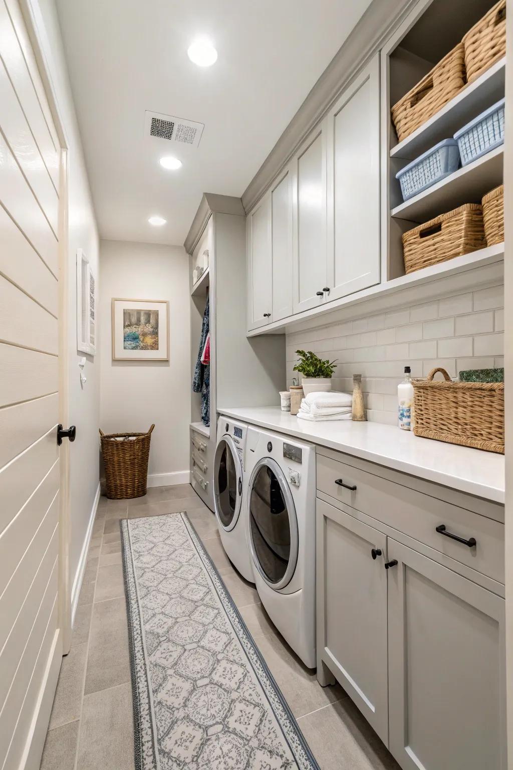 Bright hues such as white and gray can give your laundry room an expanded and inviting appearance.