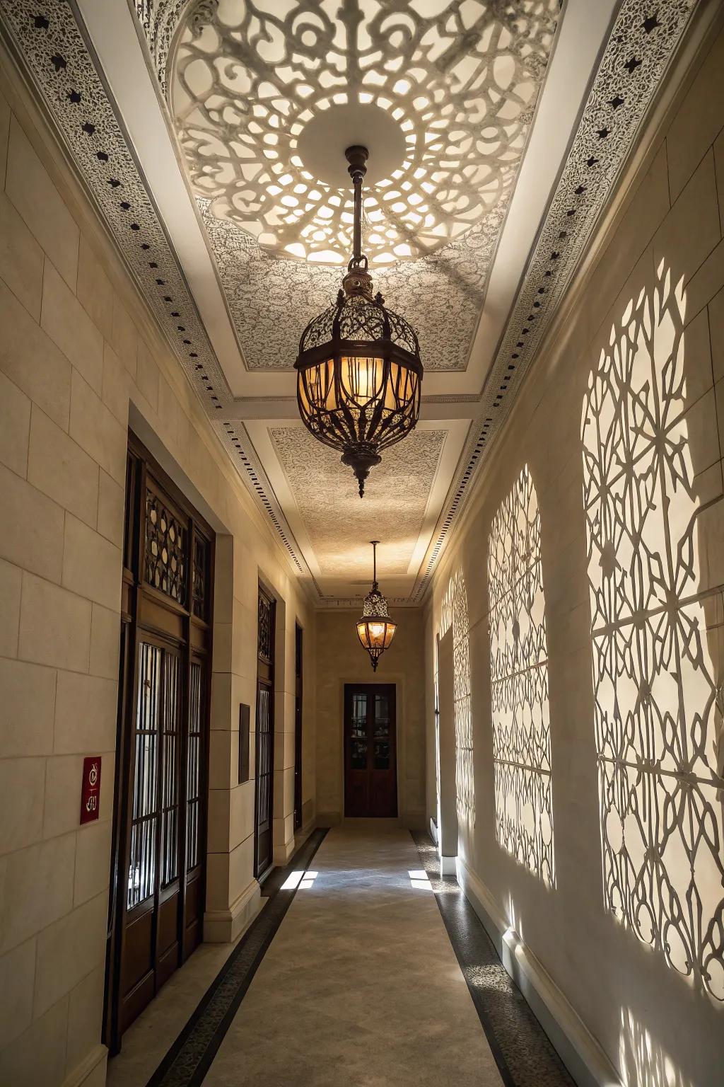 Pendant lights add character and depth to narrow hallways with high ceilings.