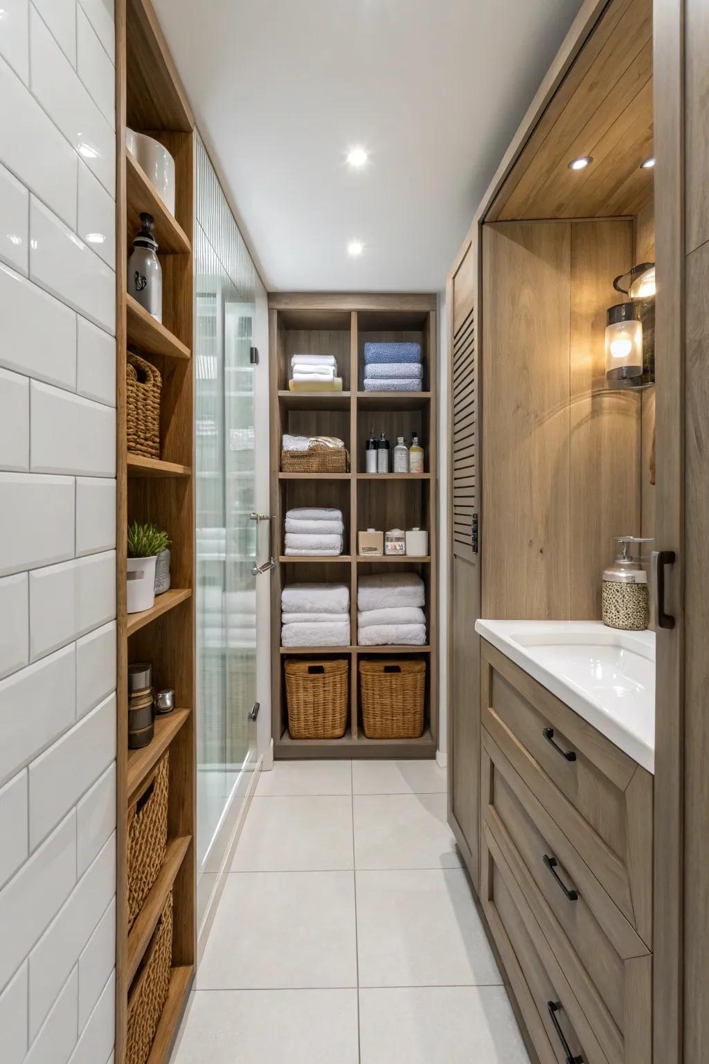 Vertical storage maximizes the use of space in slim bathrooms.