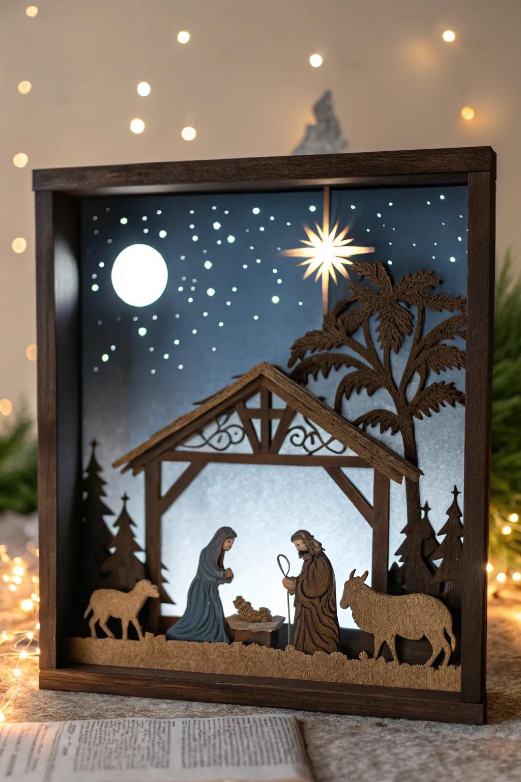 A shadow box enclosure proposes a singular interpretation of the nativity.