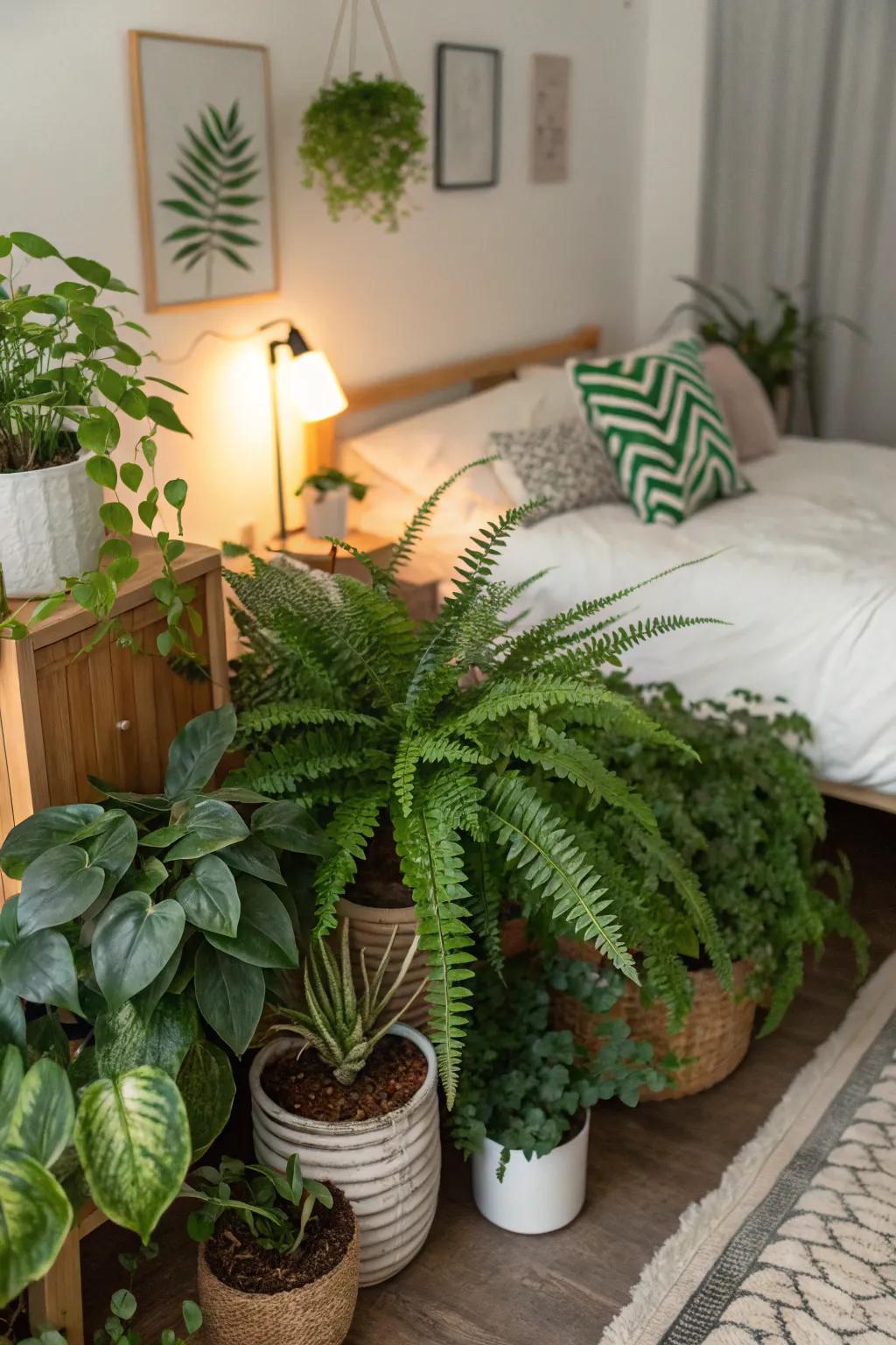 Indoor plants contribute a natural element to this bedroom corner.