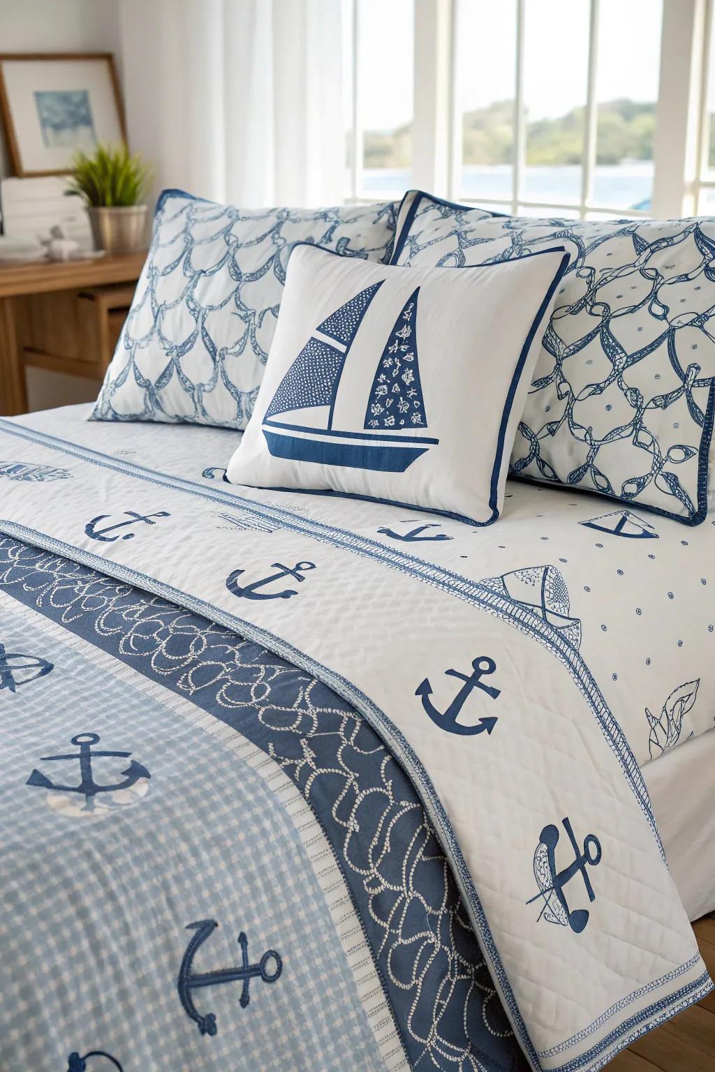 Nautical-themed bedding brings the sea to your sleep.