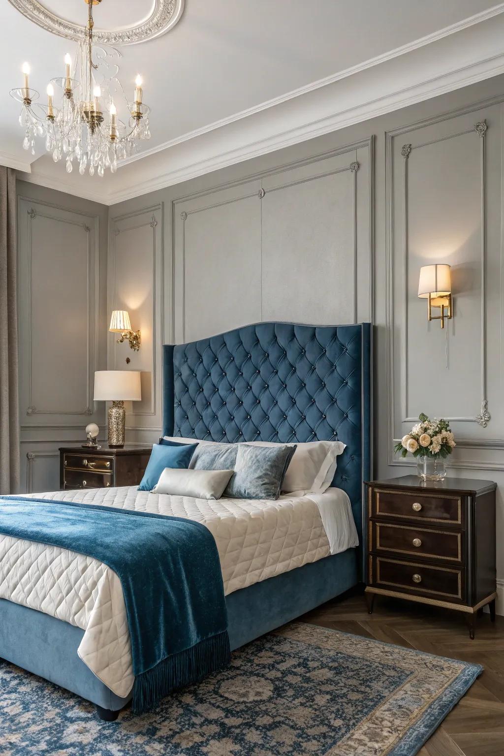 A blue velvet headboard instantly transforms the room with its luxurious allure.