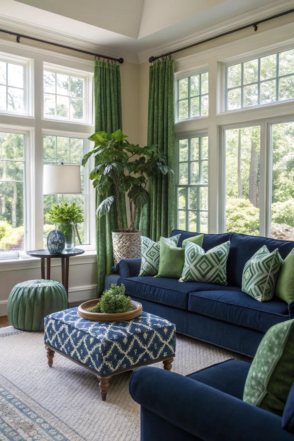 Sunlight exquisitely emphasizes deep blue and green tones in the room.