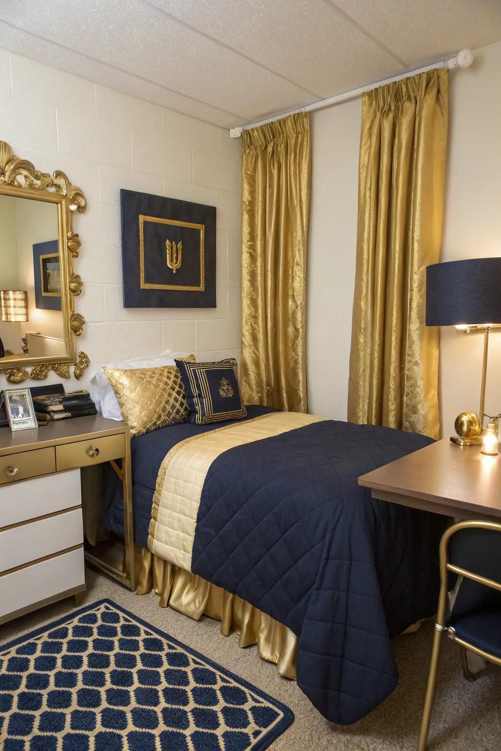 Golden details enrich the rich hues of navy beautifully.