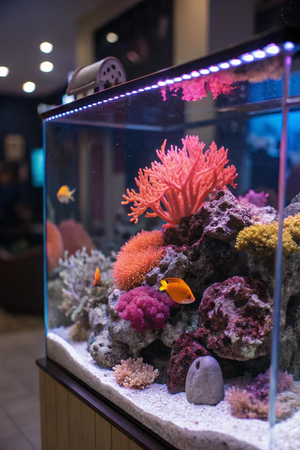 Fluorescent ornament accents introduce depth and vibrancy to this aquarium.